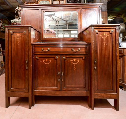 Italienischer Jugendstil-Buffetschrank mit Intarsien, schwarzen Marmorplatten und zentralem Spiegel