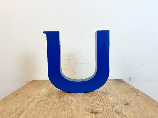 Vintage Blue Iron Facade Letter U, 1970s