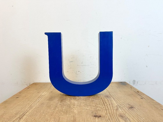 Image 1 of Vintage Blue Iron Facade Letter U, 1970s
