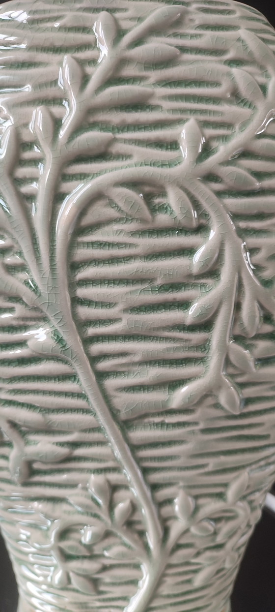 Image 1 of Crackle-glazed ceramic vase from the 1980s-90s with a plant motif

