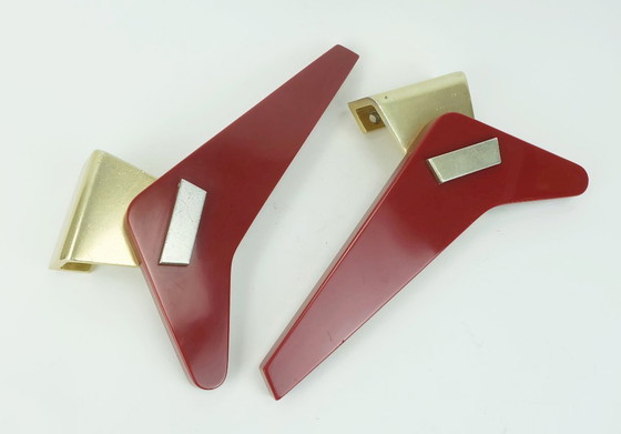 Image 1 of a pair of very rare mid-century door handles push handles red bakelite and aluminum 1950s streamline bungalow