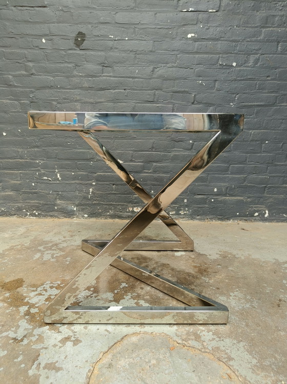 Tavolo quadrato danese dal design postmoderno in cromo e vetro, nello stile di Gebra. – Tavolini, Glass (photo 8 of 15)