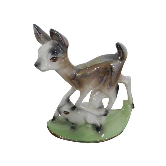 Image 1 of Small hand painted ceramic statue with deer and rabbit, Germany, 50s