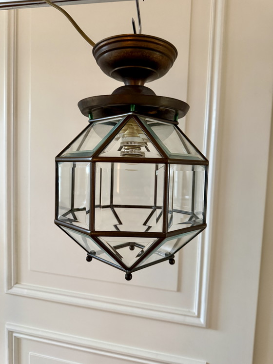 Image 1 of Amsterdamse School lantaarnlamp,messing/koper,facet geslepen glas