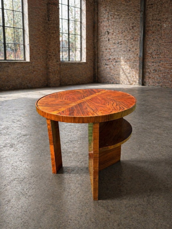 Image 1 of Art Deco Round Side Table with Shelf – Vintage Wood Occasional Table / Bedside Table