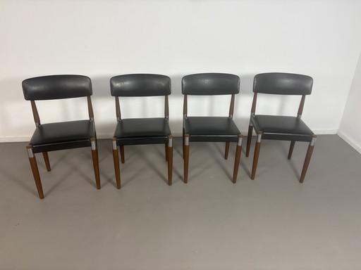 4 sillas de comedor vintage de palisandro, cromo y cuero skay negro Fristho jaren’ 60