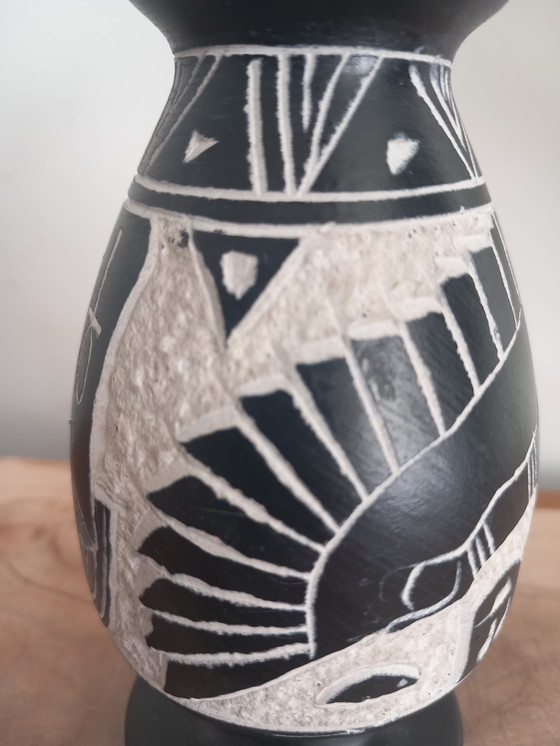 Image 1 of Handcrafted Egyptian Vase in Black Basalt, Hand-Carved - Deities Isis & Horus - 16 cm