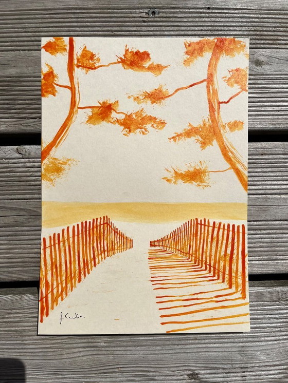 Image 1 of Tinta china naranja sobre papel natural 250g.  Tema : San Marino.  Formato 30x21 cm.