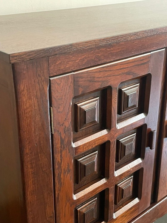 Image 1 of French Solid Oak Brutalist Four-Door Sideboard, 1960s