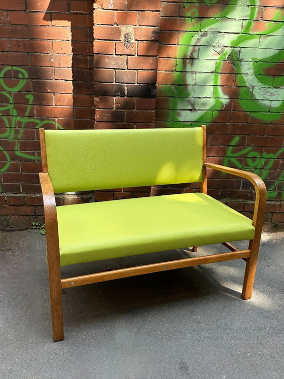 Panca vintage in legno di faggio | Vera pelle verde pistacchio e madreperla – Panche, Wood, Leather (photo 6 of 10)