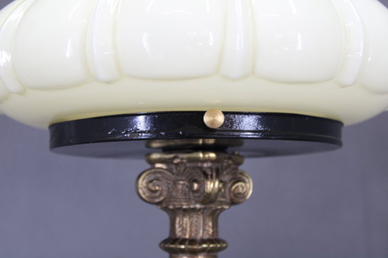 Image 1 of    	 1940s Restored Brass Table Lamp with Wooden Base and Glass Shade