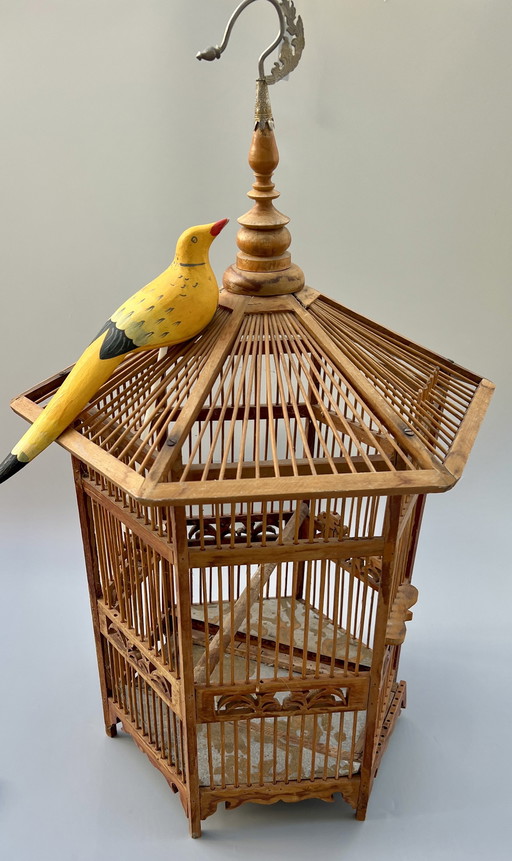 Decorative handcrafted birdcage with wooden bird – Asia, circa 1950s–1960s