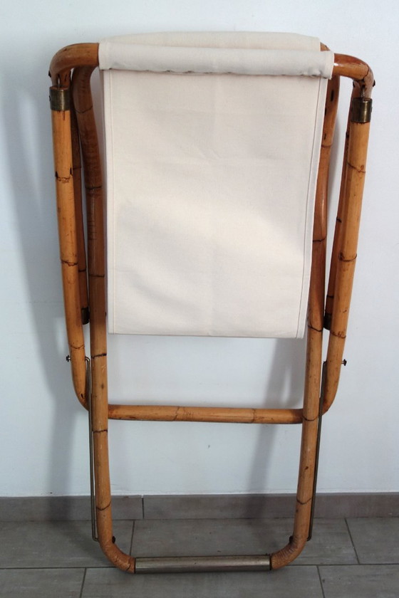 Paar klappbare Liegestühle aus Bambus und Messing, Italien, 1960er Jahre – Klappstühle, Textile, Canvas (photo 15 of 15)