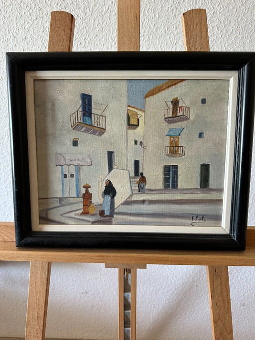 Vintage oil painting Mallorca “Mediterranean Alley” circa 1970s/80s – F. Llull – gallery frame Manacor