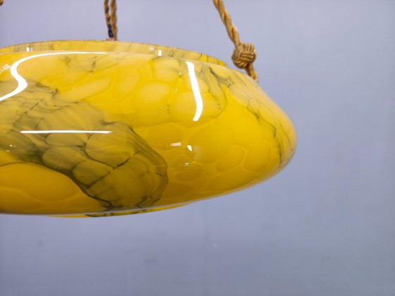 Image 1 of Art Deco hanglamp, gemarmerd glas en messing, jaren 1930