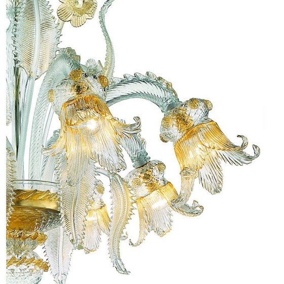 Image 1 of Luxury Italian Clear and Gold-Leaf Chandelier With Flowers and Leaves Murano Glass
