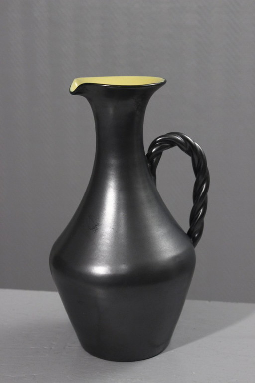 Jarra vintage de cerámica amarilla y satinada negra de los años 50 de Louviers Poteries Normandes