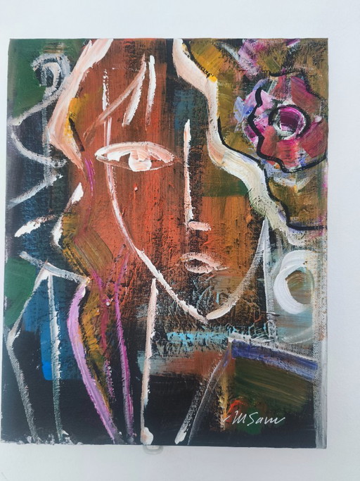 M Savu – Original Abstract Expressionist Portrait | Acrylic on Canvas Board | 30 × 24 cmo
