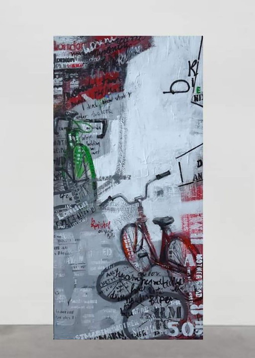 Original Acrylic Painting Contemporary Art Symbolism Along the Streets on Bicycles – schilderijen tekeningen (photo 2 of 6)