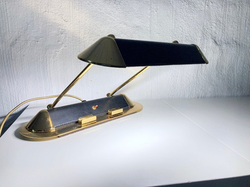 Lampada da tavolo design anni '80 in metallo placcato oro e pelle