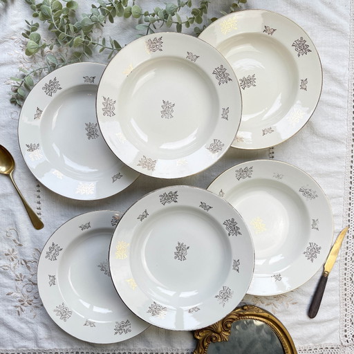 6 Vintage Digoin & Sarreguemines France 1950 Porseleinen Diepe Borden met Kleine Gouden Bloemen