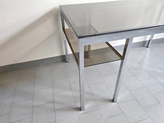 Image 1 of Scrivania vintage anni '70 in acciaio cromato e vetro fumé, Saint-Gobain, anni '70