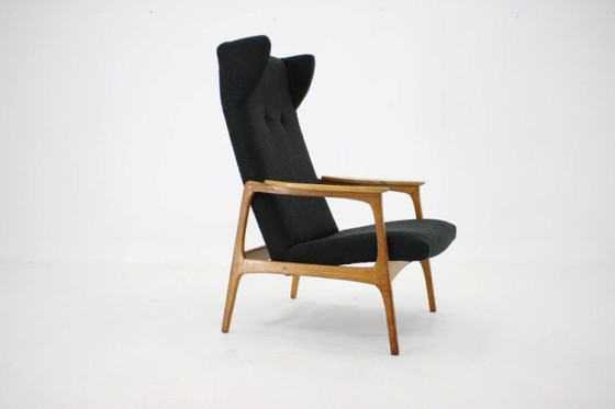 Image 1 of 1960s Mid-Century Czechoslovakian Oak Wingback Armchair in Black Bouclé