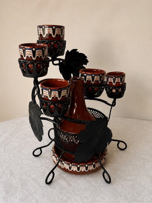 Juego de decantador de cerámica Troyan con soporte de hierro forjado, 6 tazas y cenicero. – glazen karaffen, Ceramic, Iron
