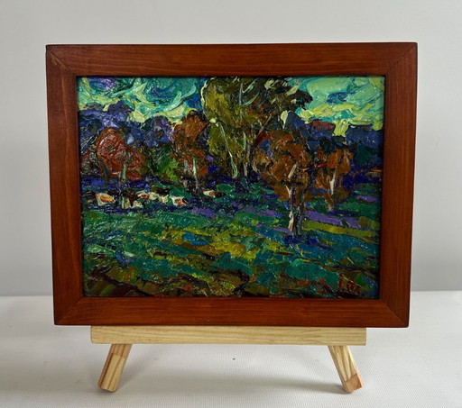 Original Oil Painting Sunset Forest Landscape Evening autumn wind