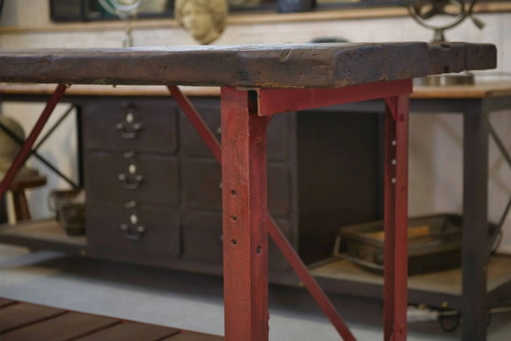 Industrielle Werkbank 1950er Jahre – Schreibtisch, Holz, Polierter Stahl, Industrieel (photo 7 of 15)
