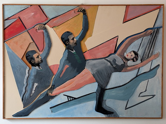 Image 1 of Grand relief vintage français moderniste en techniques mixtes – Figures dansantes abstraites – 142 × 102 cm