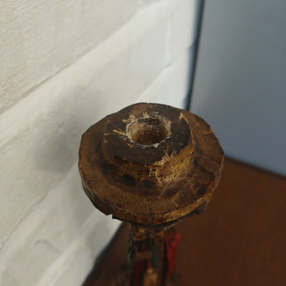 Hand-carved wooden candlestick with saint figures – 24 cm – Sculpture (photo 12 of 13)