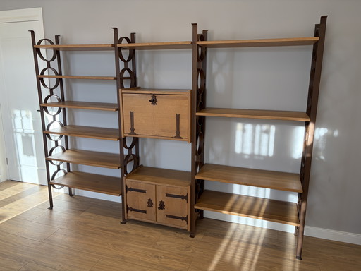 Oak with steel uprights cheese cabinet brutalist bookcase