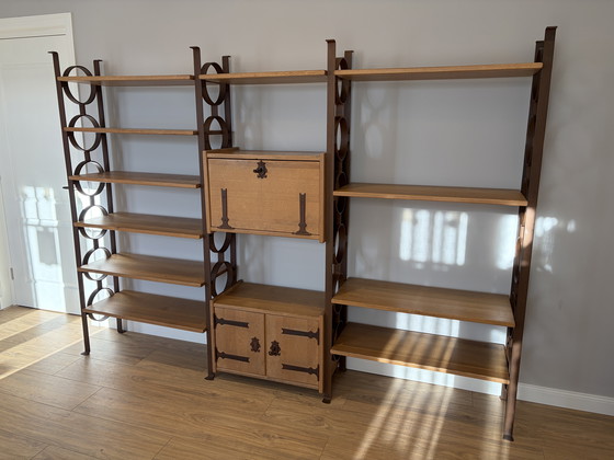 Image 1 of Oak with steel uprights cheese cabinet brutalist bookcase