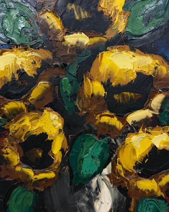 Image 1 of Ausdrucksstarke Sonnenblumen – Skandinavisches Ölgemälde aus der Mitte des 20. Jahrhunderts