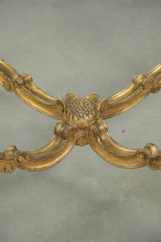 Image 1 of Antique French side table/center table from the 19th century with a gold-colored wooden frame and an original marble tabletop.