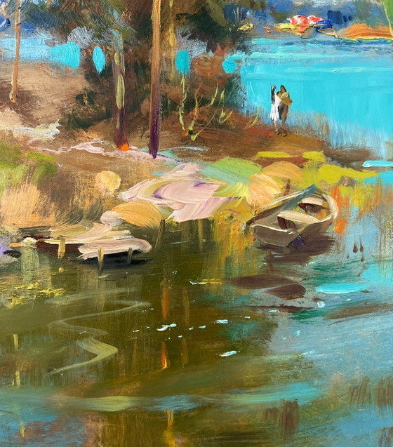 Image 1 of Peinture à l'huile originale : Paysage côtier d'été - Le soleil et la rive