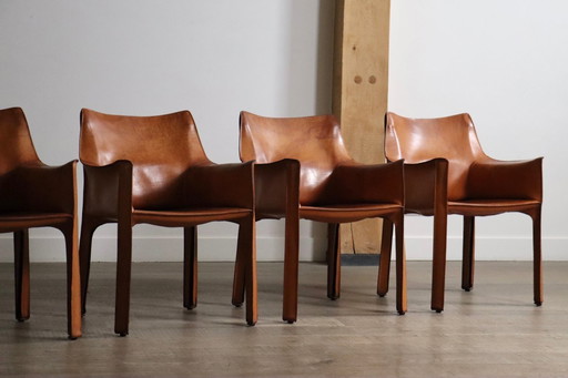 Set of 6 Cassina CAB Dining Chairs with Armrests in Cognac Leather by Mario Bellini, Italy 1970s