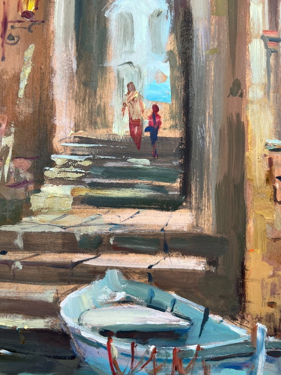 Image 1 of Peinture à l'huile originale représentant des maisons d'été, un paysage et un bateau au milieu des rues de la ville