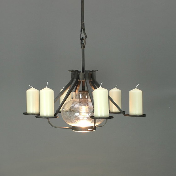 Image 1 of Manfred Bergmeister (1927-2019) - Brutalist handmade wrought bronze pendant lamp / six light candelabra