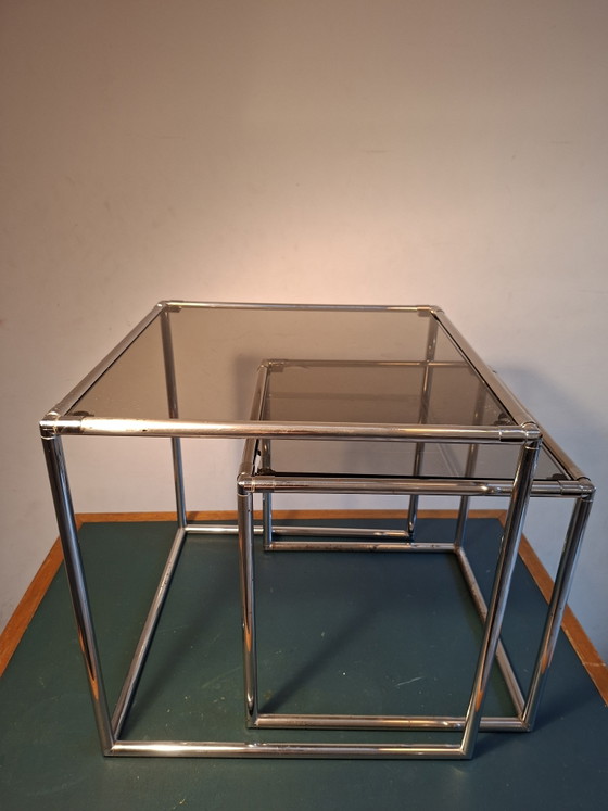 Two Vintage Nesting Side tables, Abstracta Modular System Poul Cadovius – Chrome, Glass (photo 6 of 15)