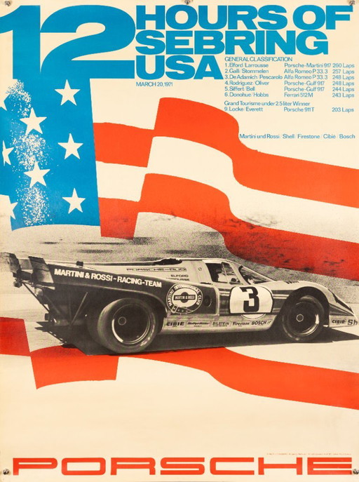 12 Hours of Sebring USA Porsche – 1971 – Original Vintage Porsche Poster von Atelier Strenger – Mid-Century Modern – 102x76 cm