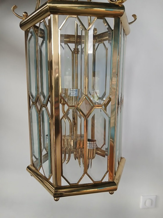 Image 1 of Enorme lanterna a sospensione Lustre Française in vetro Biseauté e Laiton Poli