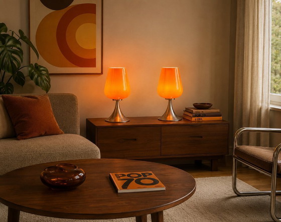 Image 1 of Pair of space age lamps in orange opaline glass and chrome-plated metal