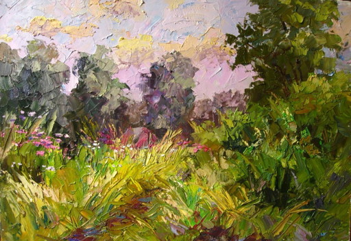 Peinture à l'huile originale Paysage naturel Chemin de prairie d'été dans l'herbe