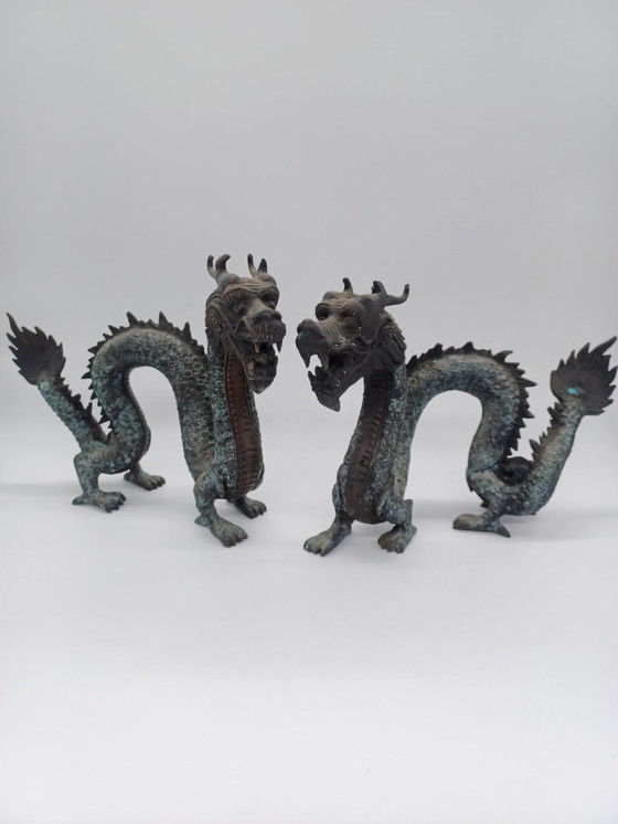 Image 1 of Paire de sculptures Dragons antique en bronze