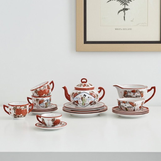 Antikes japanisches Kutani-Teeservice aus dem 20. Jahrhundert – handbemaltes Porzellan