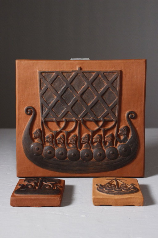 Thyssen Keramik Denemarken jaren 1950 - Viking Drakkar decoratieve tegelset – wanddecoratie, Ceramic (photo 2 of 11)