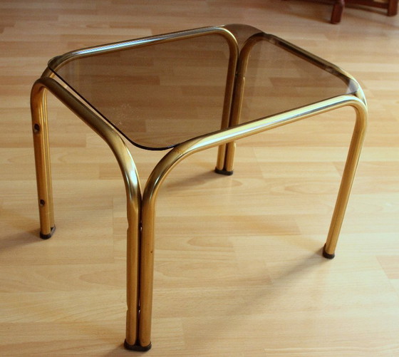 Small brass side table with smoked glass top, Space Age, Metal, Gold, Vintage (photo 3 of 9)