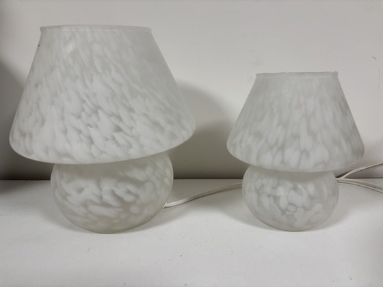 Image 1 of Set of 2 Vintage "mushroom" lamps made of white marbled glass